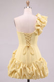Espresso One Shoulder Ruffled Pearl Short Homecoming Dress with Ruffle Hem