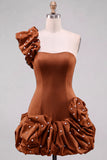 Espresso One Shoulder Ruffled Pearl Short Homecoming Dress with Ruffle Hem