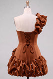 Espresso One Shoulder Ruffled Pearl Short Homecoming Dress with Ruffle Hem
