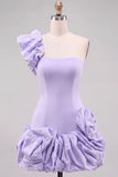 Espresso One Shoulder Ruffled Pearl Short Homecoming Dress with Ruffle Hem