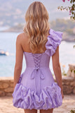 Espresso One Shoulder Ruffled Pearl Short Homecoming Dress with Ruffle Hem