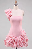 Espresso One Shoulder Ruffled Pearl Short Homecoming Dress with Ruffle Hem