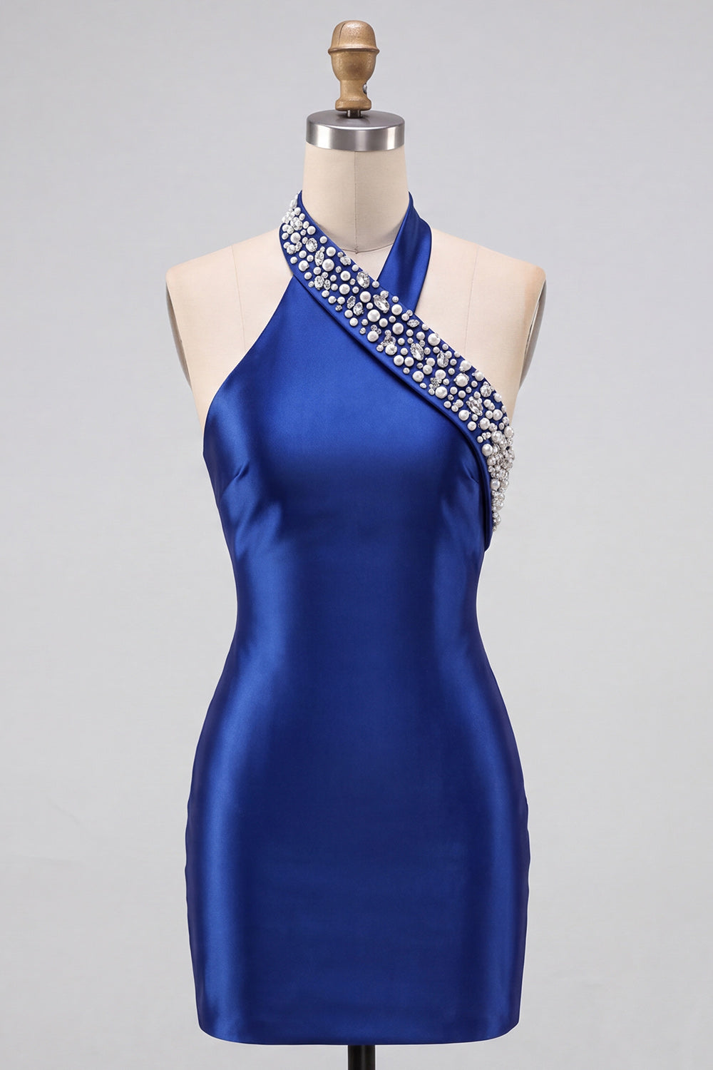 Royal Blue Bodycon Pearls Rhinestones Halter Short Homecoming Dress