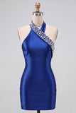 Royal Blue Bodycon Pearls Rhinestones Halter Short Homecoming Dress