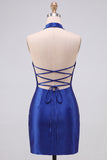 Royal Blue Bodycon Pearls Rhinestones Halter Short Homecoming Dress