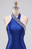 Royal Blue Bodycon Pearls Rhinestones Halter Short Homecoming Dress