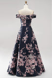 Dark Navy Off the Shoulder Floral Printed A-Line Long Formal Dress