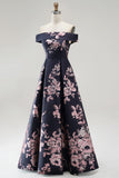 Dark Navy Off the Shoulder Floral Printed A-Line Long Formal Dress