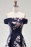 Dark Navy Off the Shoulder Floral Printed A-Line Long Formal Dress