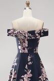 Dark Navy Off the Shoulder Floral Printed A-Line Long Formal Dress