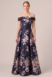 Dark Navy Off the Shoulder Floral Printed A-Line Long Formal Dress