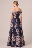 Dark Navy Off the Shoulder Floral Printed A-Line Long Formal Dress