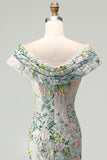 Off the Shoulder Green Floral Jacquard Sheath Long Mother of the Bride Dress with Slit