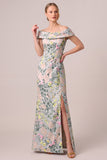 Off the Shoulder Green Floral Jacquard Sheath Long Mother of the Bride Dress with Slit