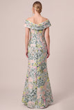Off the Shoulder Green Floral Jacquard Sheath Long Mother of the Bride Dress with Slit