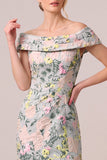 Off the Shoulder Green Floral Jacquard Sheath Long Mother of the Bride Dress with Slit