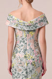 Off the Shoulder Green Floral Jacquard Sheath Long Mother of the Bride Dress with Slit