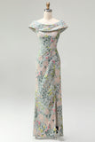 Off the Shoulder Green Floral Jacquard Sheath Long Mother of the Bride Dress with Slit