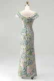 Off the Shoulder Green Floral Jacquard Sheath Long Mother of the Bride Dress with Slit