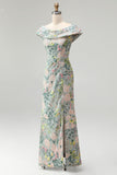 Off the Shoulder Green Floral Jacquard Sheath Long Mother of the Bride Dress with Slit