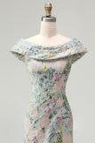 Off the Shoulder Green Floral Jacquard Sheath Long Mother of the Bride Dress with Slit
