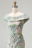 Off the Shoulder Green Floral Jacquard Sheath Long Mother of the Bride Dress with Slit