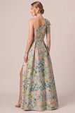 Green Asymmetrical One Shoulder Floral Jacquard A-Line Bow Long Mother of the Bride Dress with Slit