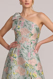 Green Asymmetrical One Shoulder Floral Jacquard A-Line Bow Long Mother of the Bride Dress with Slit