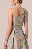 Green Asymmetrical One Shoulder Floral Jacquard A-Line Bow Long Mother of the Bride Dress with Slit