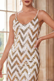 Sparkly White Golden Sequins Bodycon Short 1920 Dress with Fringes