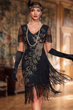 Vintage Black Fringed Bodycon Short 1920 Flapper Dress with Beading