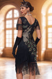 Vintage Black Fringed Bodycon Short 1920 Flapper Dress with Beading