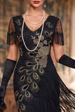 Vintage Black Fringed Bodycon Short 1920 Flapper Dress with Beading