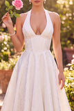 White Rockabilly Vintage Halter Corset Full Circle Midi 1950s Dress