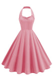 Pink Rockabilly Ruched Halter Corset Full Circle Midi Vintage 1950s Dress