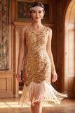 Sparkly Golden Sequins Bodycon 1920s Flapper Dress with Fringes