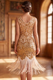 Sparkly Golden Sequins Bodycon 1920s Flapper Dress with Fringes
