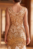 Sparkly Golden Sequins Bodycon 1920s Flapper Dress with Fringes