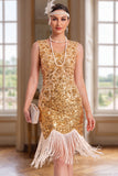 Sparkly Golden Sequins Bodycon 1920s Flapper Dress with Fringes