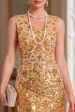 Sparkly Golden Sequins Bodycon 1920s Flapper Dress with Fringes