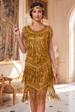 Sparkly Golden Fringed Sleeveless 1920s Flapper Dress with Sequins