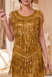 Sparkly Golden Fringed Sleeveless 1920s Flapper Dress with Sequins