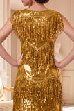 Sparkly Golden Fringed Sleeveless 1920s Flapper Dress with Sequins