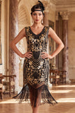Vintage Black Golden Fringed Floral Sequins Great Gatsby Party Dress with Beading