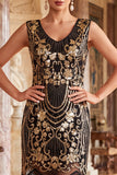 Vintage Black Golden Fringed Floral Sequins Great Gatsby Party Dress with Beading