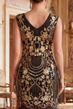 Vintage Black Golden Fringed Floral Sequins Great Gatsby Party Dress with Beading