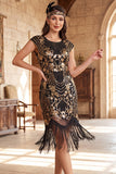 Black Golden Vintage Fringed Cap Sleeves Sequins 1920s Flapper Dress with Beading