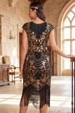 Black Golden Vintage Fringed Cap Sleeves Sequins 1920s Flapper Dress with Beading