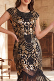 Black Golden Vintage Fringed Cap Sleeves Sequins 1920s Flapper Dress with Beading