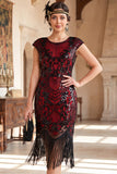 Black Golden Vintage Fringed Cap Sleeves Sequins 1920s Flapper Dress with Beading